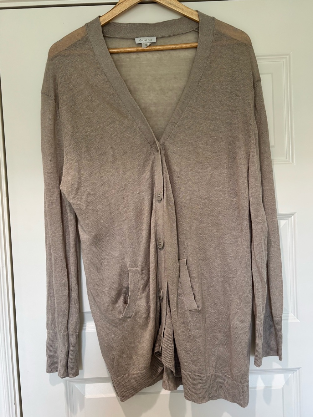 Garnet Hill Sz L 100% Linen Beige Button Down Cardigan Pockets Quite Luxury - Picture 3 of 9